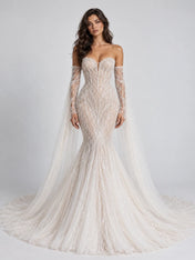 Off-the-Shoulder Illusion Branch-Embroidered Mermaid Wedding Dress with Dramatic Draped Sleeves