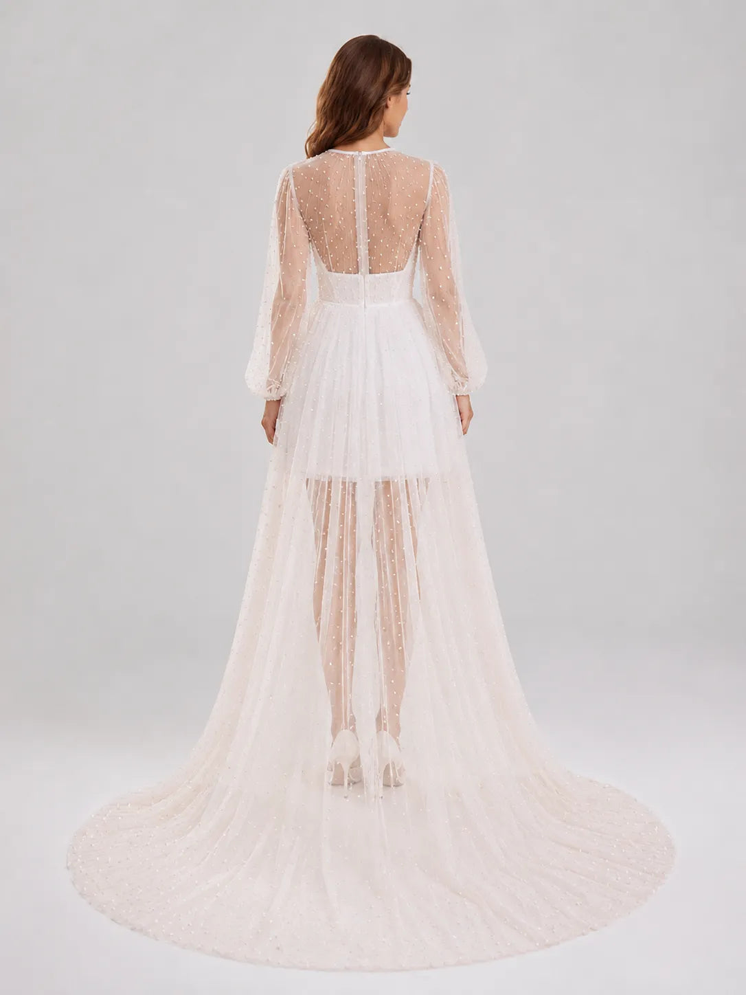 Illusion Pearl Tulle Long Sleeve Mini Bridal Dress with Detachable-Look Cathedral Train