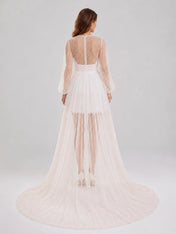 Illusion Pearl Tulle Long Sleeve Mini Bridal Dress with Detachable-Look Cathedral Train