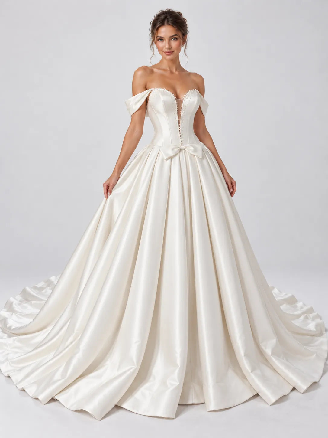 Off-The-Shoulder Beaded Plunge Satin Ball Gown Wedding Dress