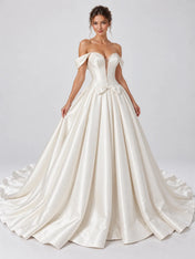 Off-The-Shoulder Beaded Plunge Satin Ball Gown Wedding Dress