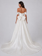 Elegant Off-Shoulder Satin Wedding Dress with Ruched Sweetheart Bodice, Overskirt, Beading and Chapel Train