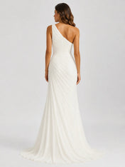 Elegant One-Shoulder Ruched Chiffon Sheath Wedding Dress with High Slit and Sweep Train