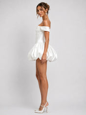 Elegant Off-Shoulder Satin Mini Wedding Dress with Corset Detail, Lace-Up Back and Bubble Skirt