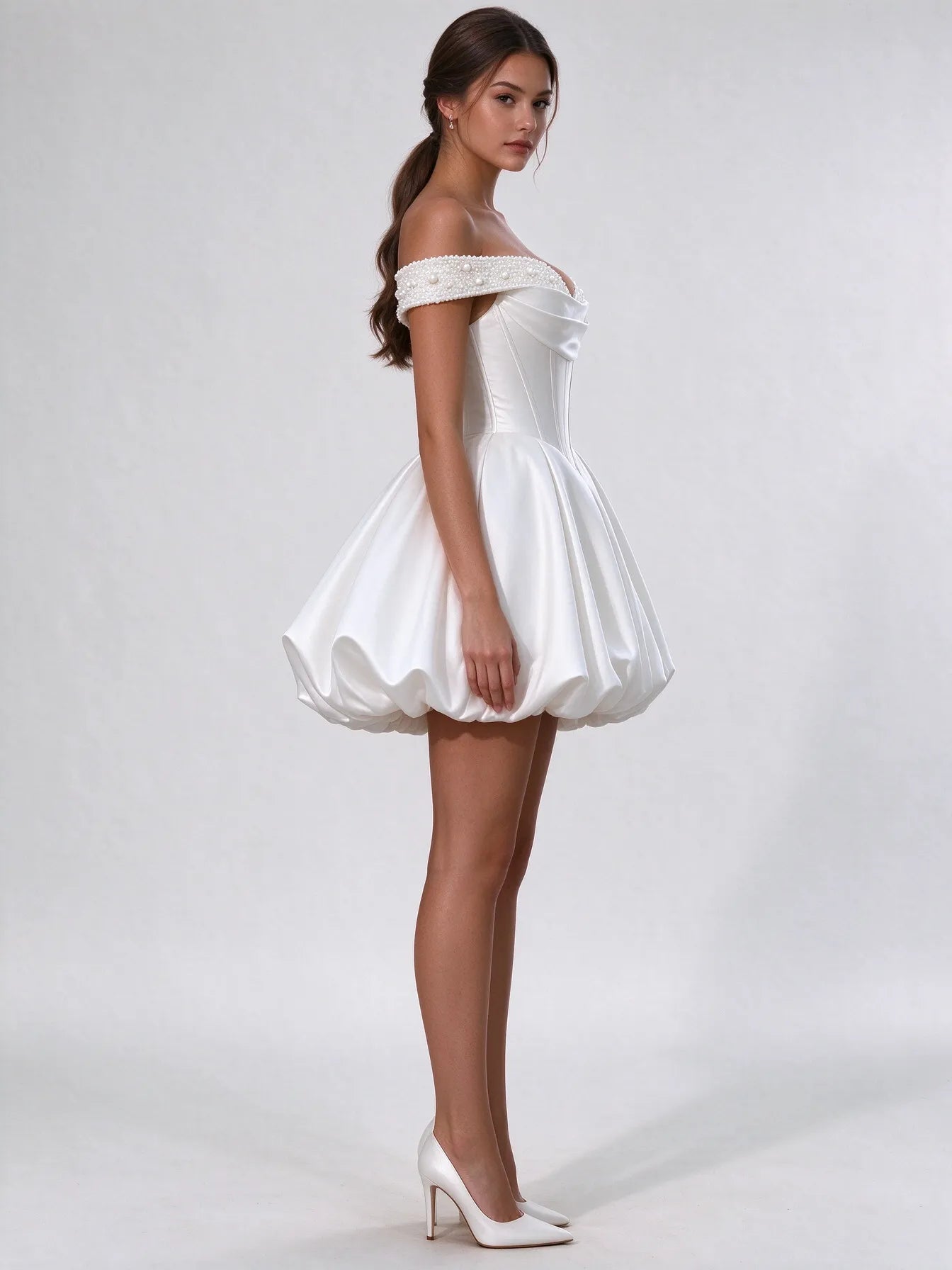 Off-the-Shoulder Pearl Satin Corset Bubble Mini Dress Wedding Dress