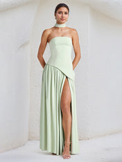 Elegant Mint Green Strapless Pleated Maxi Dress With Slit