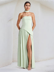 Elegant Mint Green Strapless Pleated Maxi Dress With Slit
