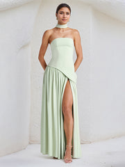 Elegant Mint Green Strapless Pleated Maxi Dress With Slit