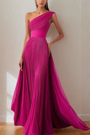 Prom Formal Pleated Dress Rose Color One-Shoulder Maxi Dress