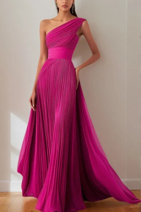 Prom Formal Pleated Dress Rose Color One-Shoulder Maxi Dress