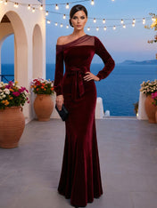 Evening Dress Burgundy Long Sleeves One Shoulder Velvet Maxi Dress