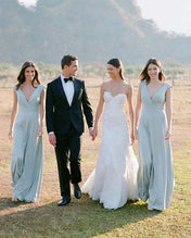 Simple A Line Satin V Neck Blue Sleeveless Long Bridesmaid Dresses