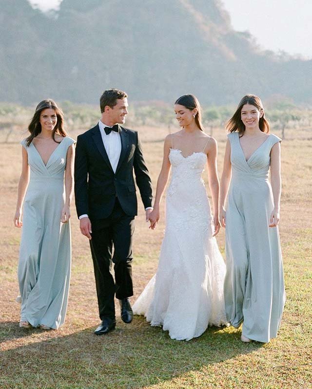 Simple A Line Satin V Neck Blue Sleeveless Long Bridesmaid Dresses