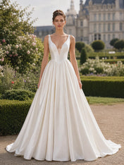 Ivory Satin Deep V-Neck Ball Gown Wedding Dress with Lace-Up Back