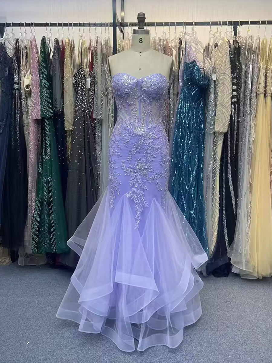 Lilac Strapless Sweetheart Lace Applique Mermaid Prom Dress