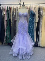 Lilac Strapless Sweetheart Lace Applique Mermaid Prom Dress