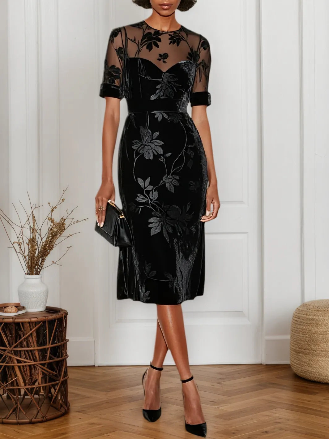 Black Floral Mesh Velvet Crew Neck Short Sleeve A-Line Midi Dress