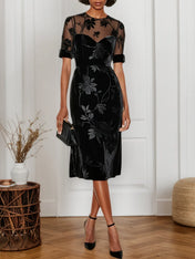 Black Floral Mesh Velvet Crew Neck Short Sleeve A-Line Midi Dress