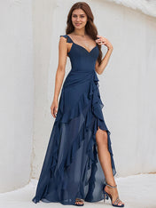 Navy Blue Chiffon A Line V Neck Sleeveless Floor Length Bridesmaid Dress With Cascading Ruffles