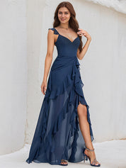 Navy Blue Chiffon A Line V Neck Sleeveless Floor Length Bridesmaid Dress With Cascading Ruffles