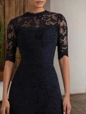 Cocktail Dress Black Crew Neck Midi Lace Dress