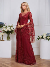 A-line Scoop Illusion Floor-Length Tulle Lace Evening Dress With Sequins