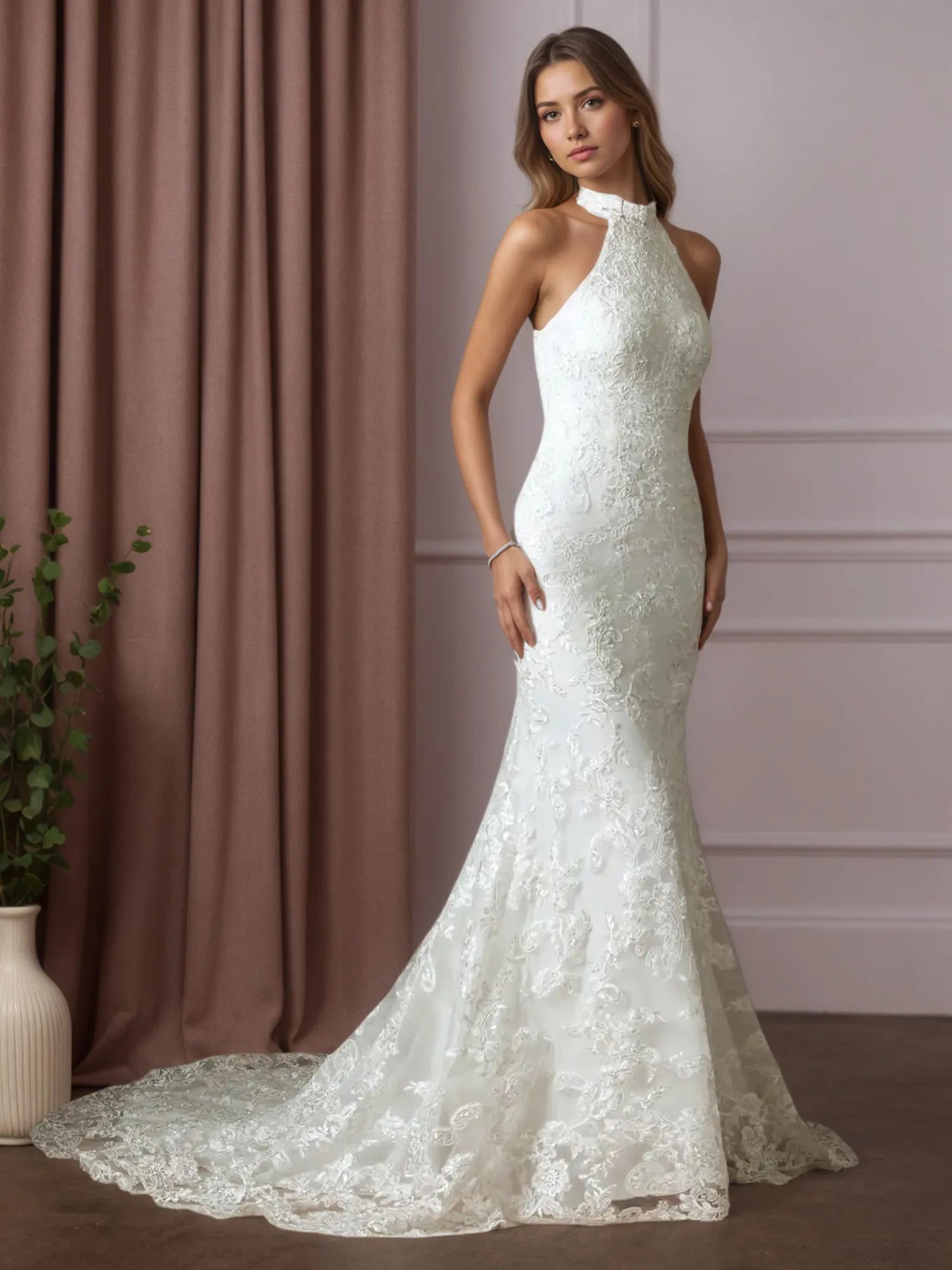 White Trumpet/Mermaid Pleated Lace Wedding Dress