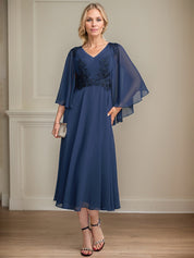 A-line V-Neck Tea-Length Chiffon Lace Mother of the Bride Dress With Beading Sequins