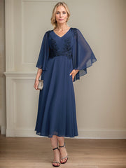 A-line V-Neck Tea-Length Chiffon Lace Mother of the Bride Dress With Beading Sequins