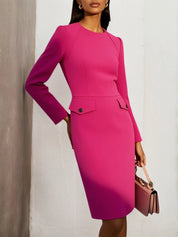 Rose Red Buckle Classic Crew Neck Long Sleeve Sheath Mini Dress
