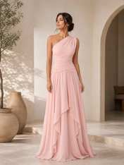 Blush Pink One-Shoulder Ruched Chiffon Floor-Length Gown Dress