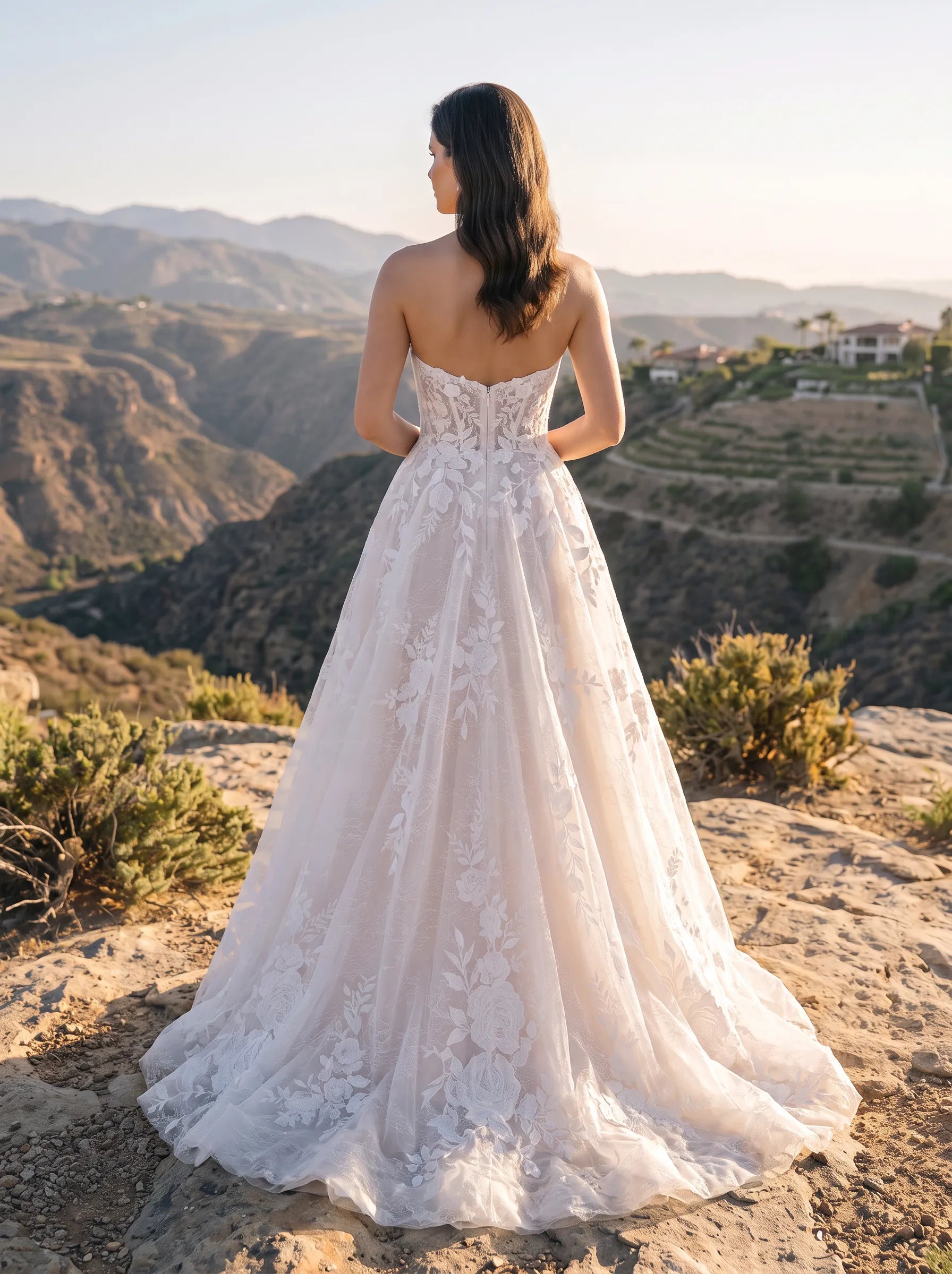 Strapless Illusion-Plunge Lace A-Line Wedding Dress with Sweep Train