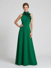 Halter Neck A-Line Chiffon Mother of the Bride Dress with 3D Floral Neckline Adornment