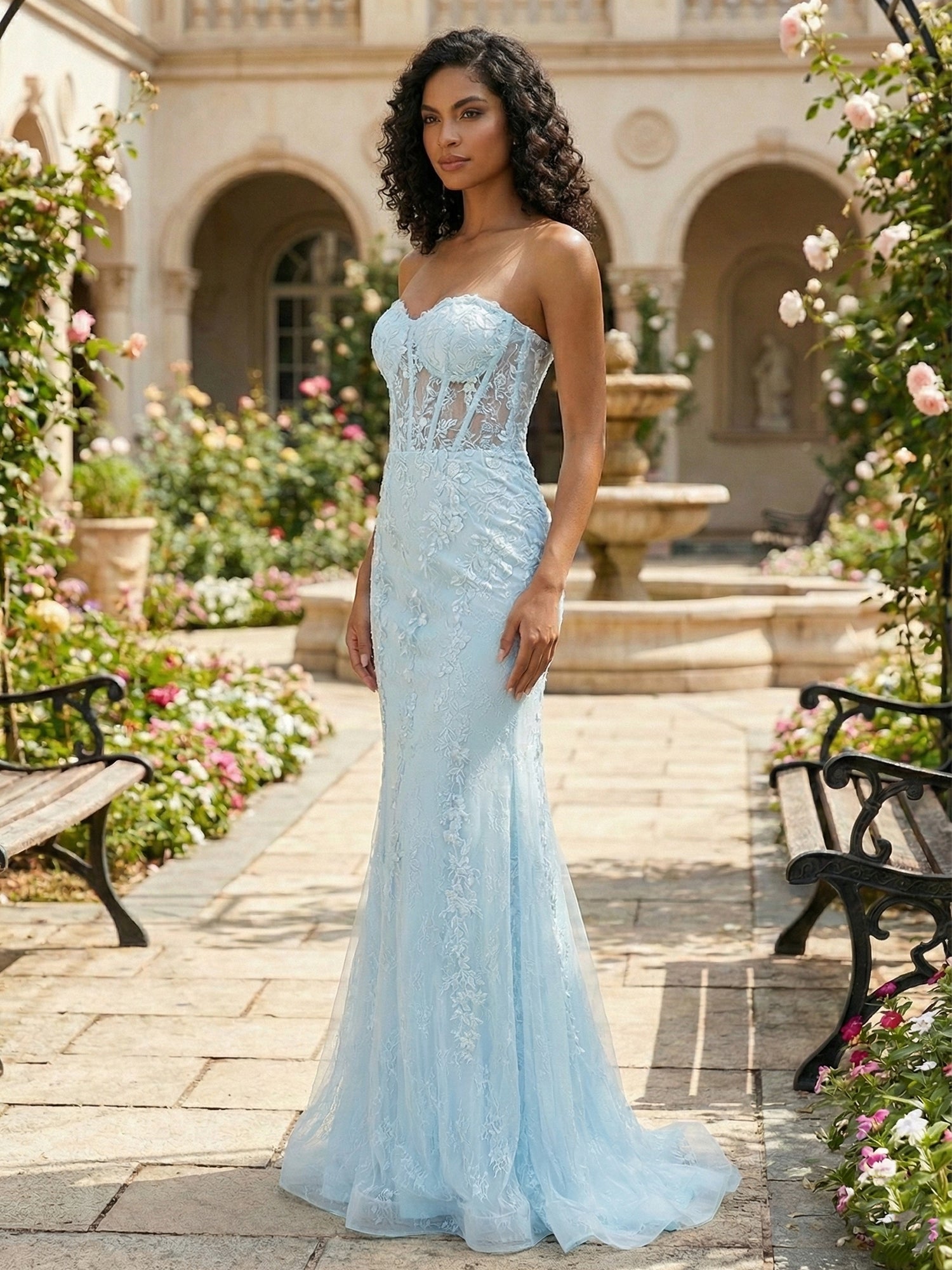 Ethereal Light Blue Strapless Corset Prom Dress with Floral Lace