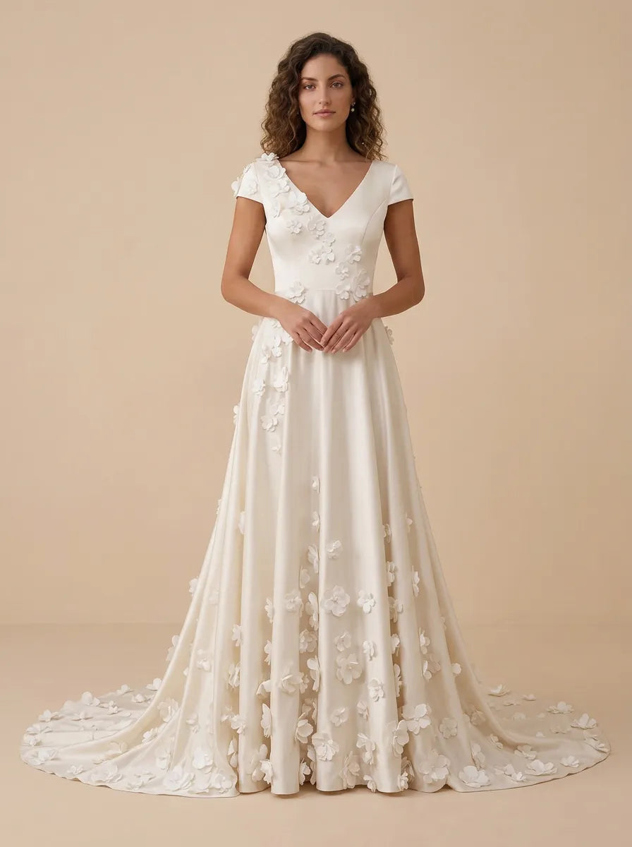 Cap-Sleeve 3D Floral Applique Satin A-Line Wedding Dress