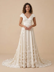Cap-Sleeve 3D Floral Applique Satin A-Line Wedding Dress