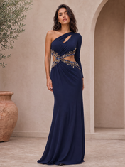 Navy Blue Beaded Cutout One-Shoulder Long Sleeve Floor-Length Evening Dress