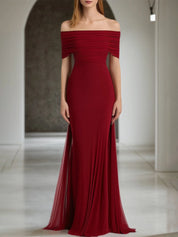 Evening Formal Dress Red Off-The-Shoulder Chiffon Maxi Gown