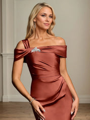 Trumpet/Mermaid Off the Shoulder Floor Length Ruched Satin Mother Of the Bride Dress