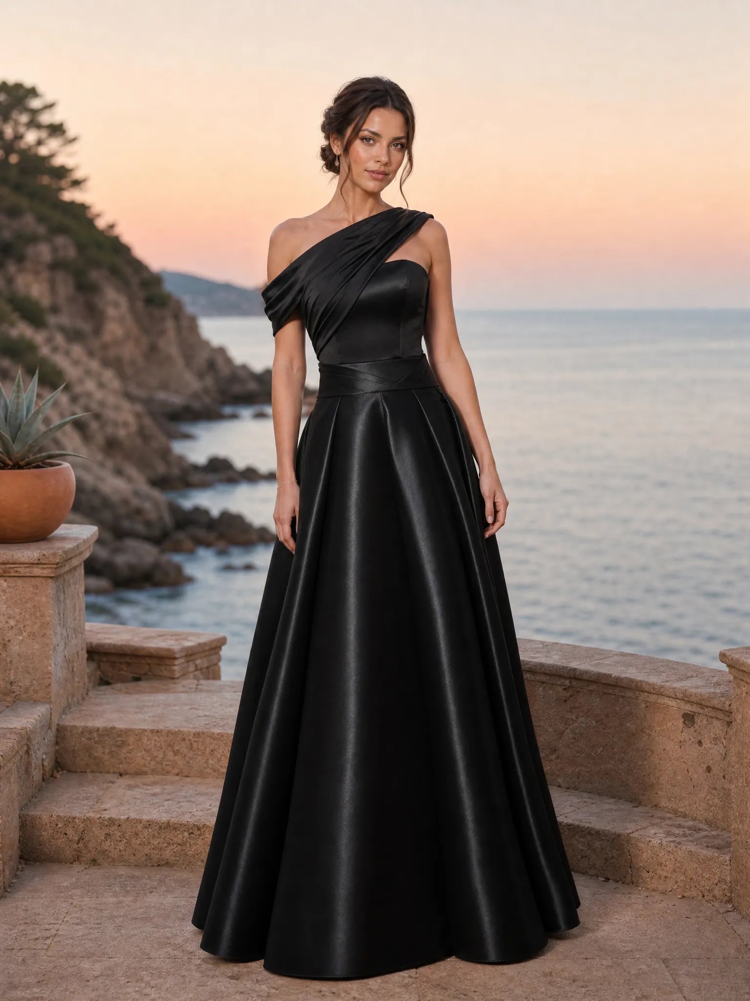 One-Shoulder Draped Satin Pleated A-Line Evening Dress