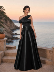 One-Shoulder Draped Satin Pleated A-Line Evening Dress