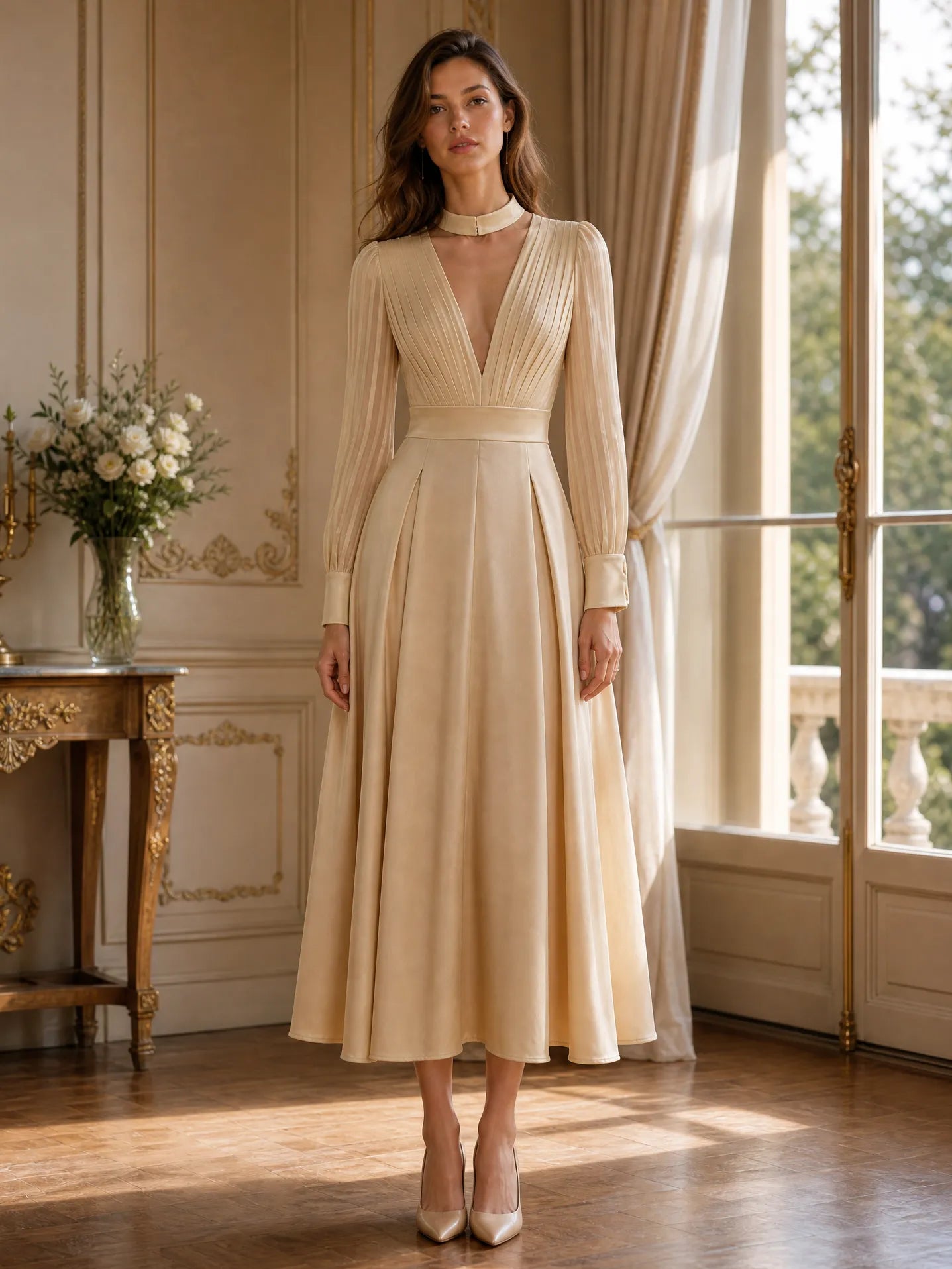 Elegant Deep V-Neck Long Sleeve A-Line Midi Evening Dress with Choker Detail