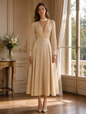 Elegant Deep V-Neck Long Sleeve A-Line Midi Evening Dress with Choker Detail
