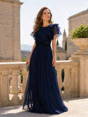 Flutter Sleeve Pleated Chiffon Gown with Ruffle Trim Mother of The Bride Dresses