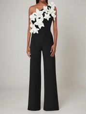 Women Black One Shoulder 3D Floral Wide-Leg Jumpsuit