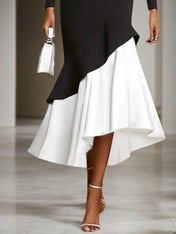 Formal Evening Dress Black White Stand Collar Ruffle Maxi Dress