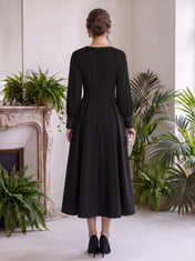 Long Sleeve Beaded Keyhole A-Line Midi Evening Dress