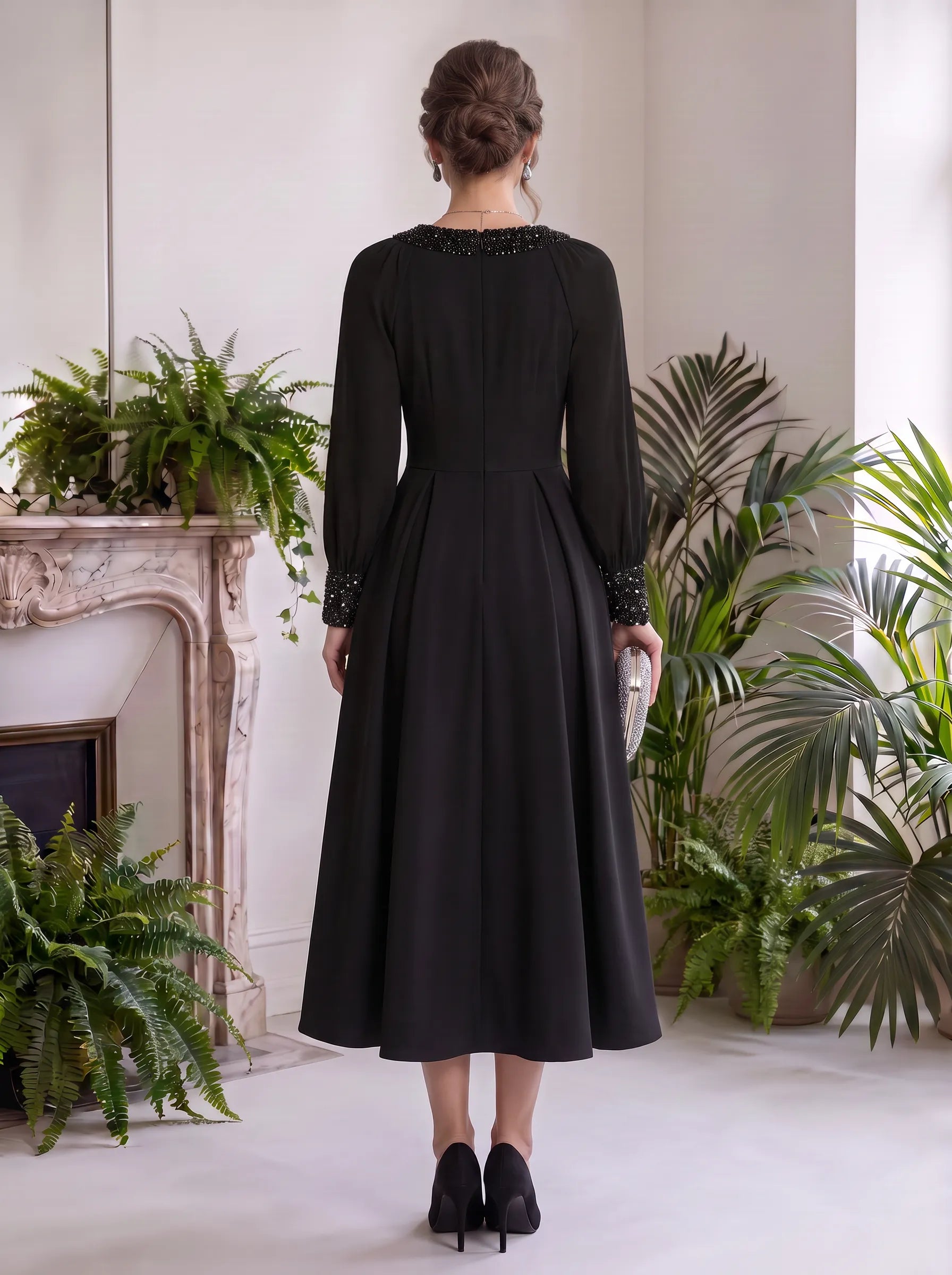 Long Sleeve Beaded Keyhole A-Line Midi Evening Dress