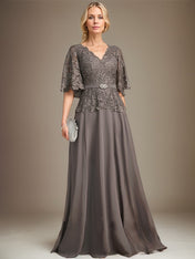 A-line V-Neck Floor-Length Chiffon Lace Mother of the Bride Dress With Crystal Brooch Rhinestone