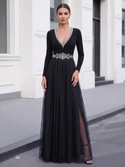 Beaded V-Neck Long-Sleeve Tulle A-Line Evening Dress with Crystal Waist Belt